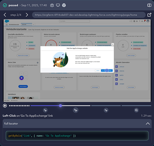 a screenshot of the Octomind app displaying snapshot of a Salesforce end-to-end test
