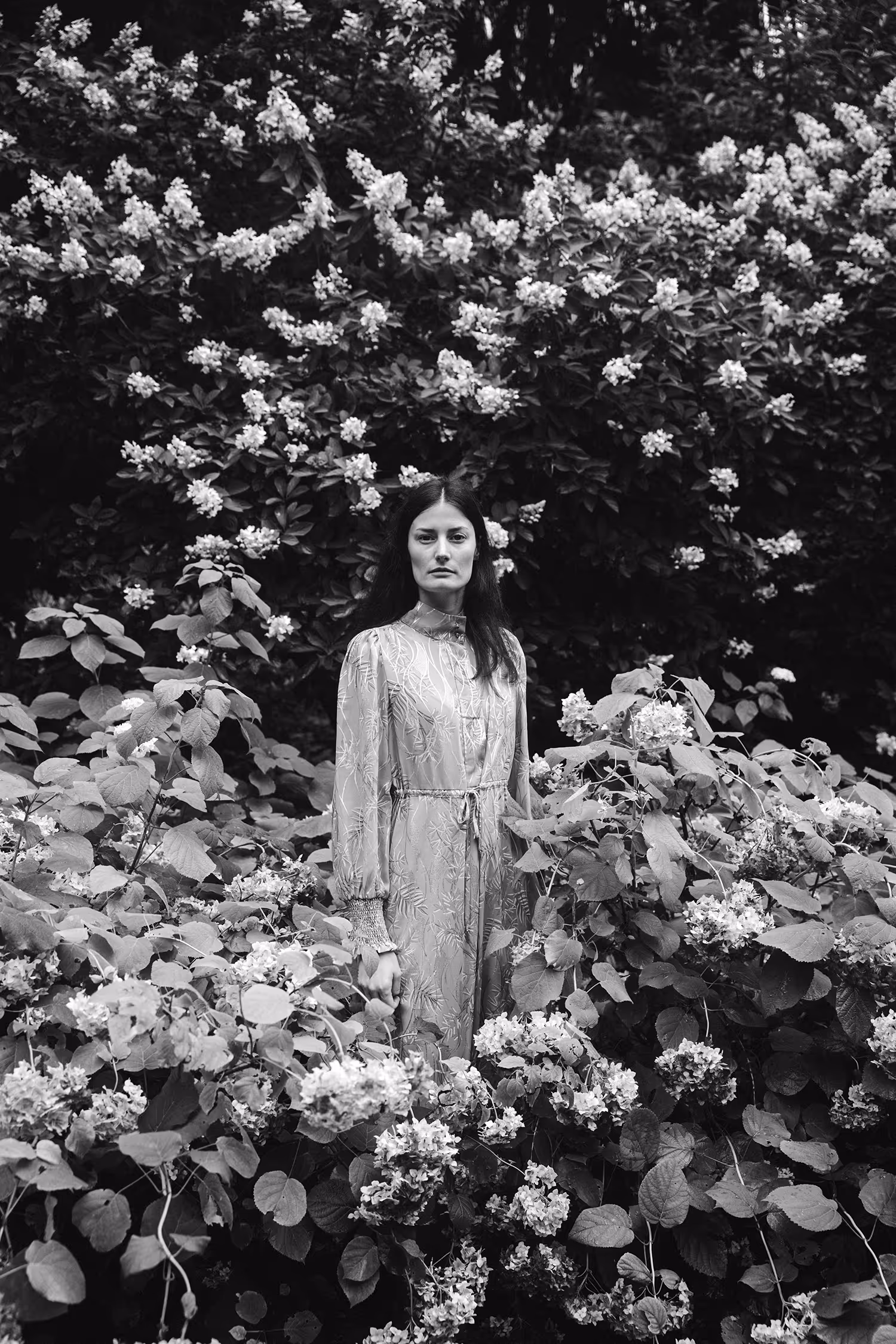 A woman in a dress standing among rhododendrons
