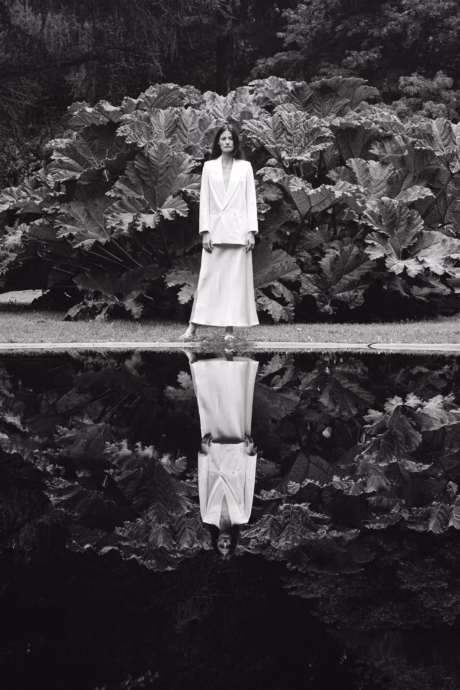 A woman in a dress standing by the pond with giant gunnera in the background