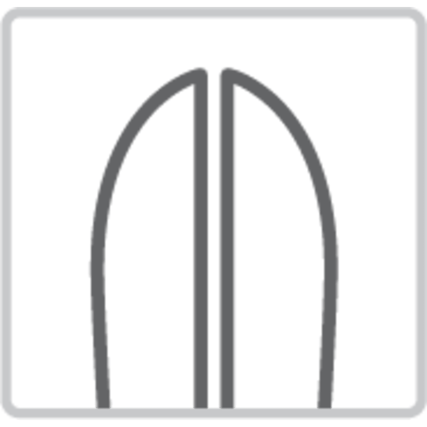 Icon of a split-toe design with two curved shapes separated by a vertical gap inside a rounded square border.