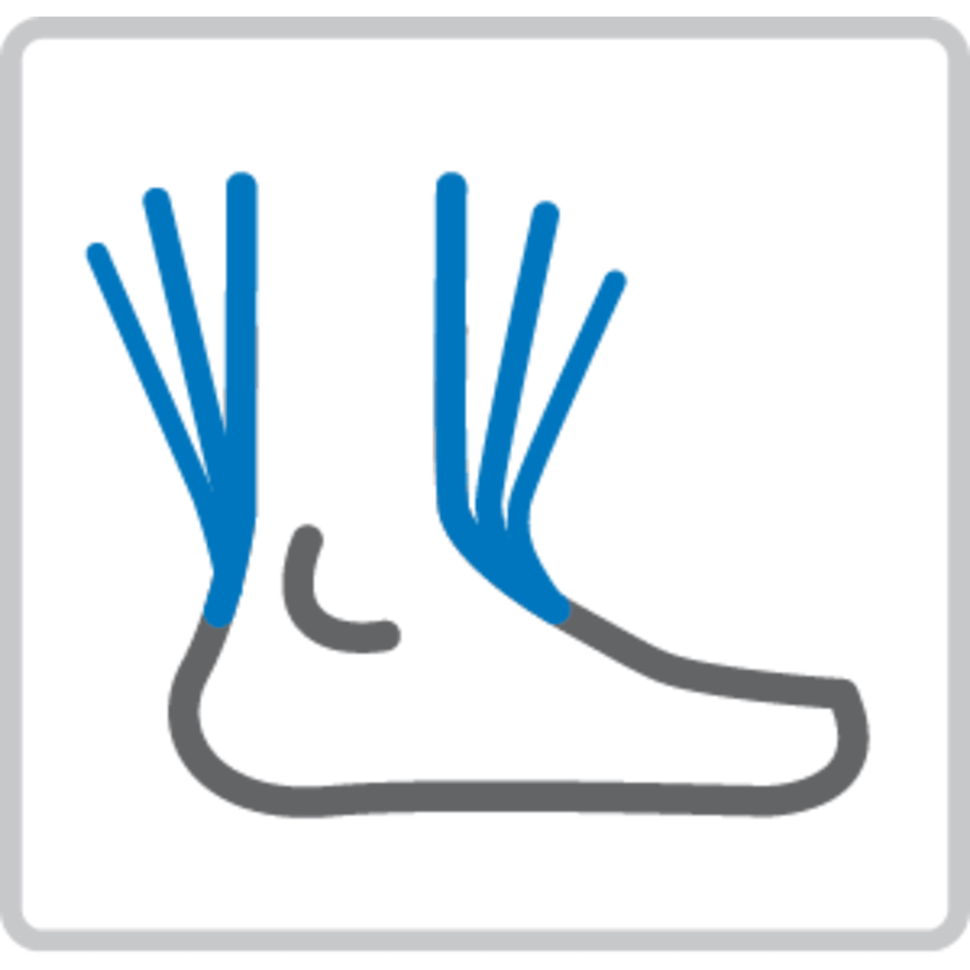 Icon showing tibial progression with a side view of a foot and three blue bent lines representing motion.