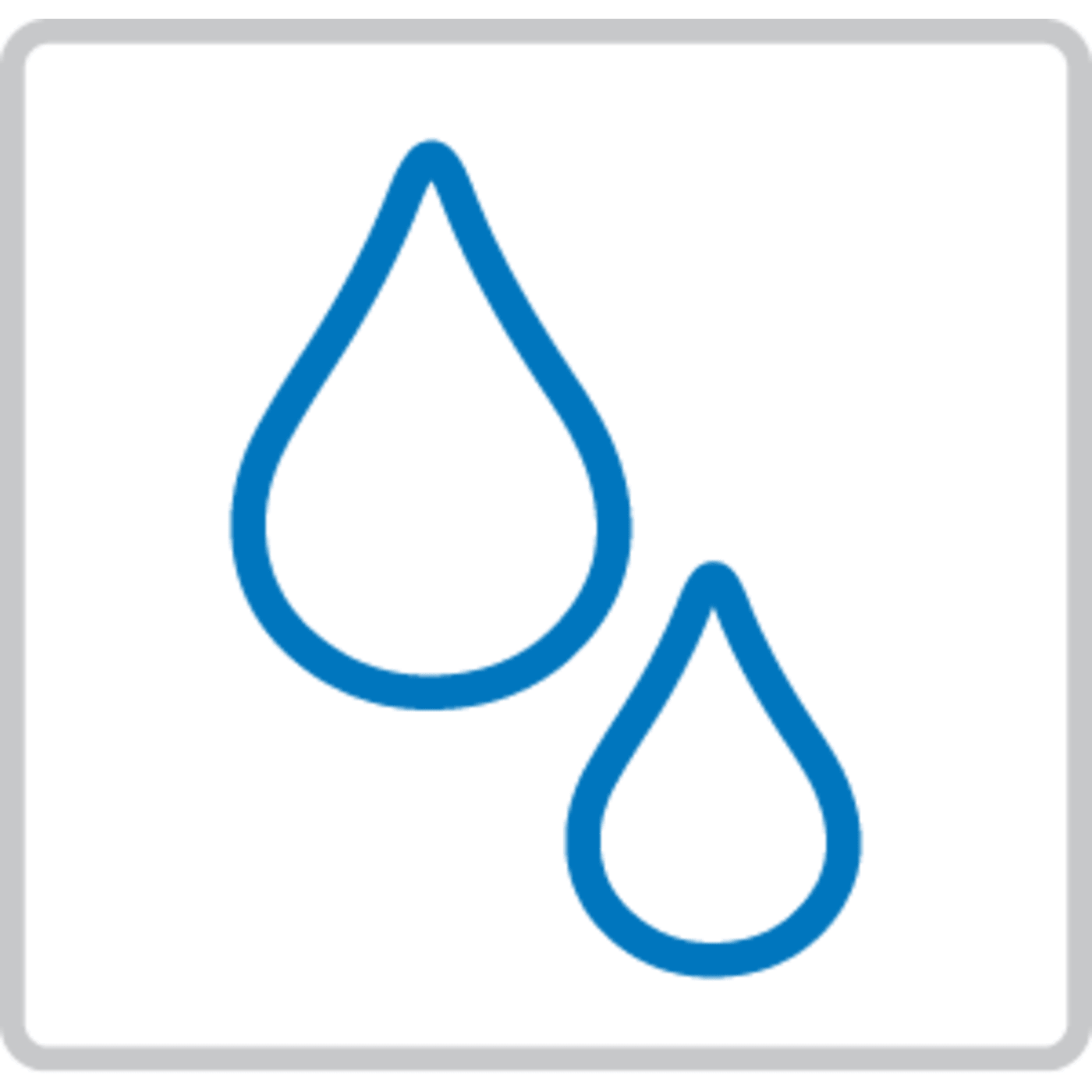 Icon of two blue water droplets inside a rounded square border, symbolizing waterproof.