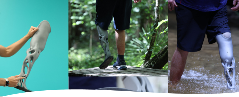 Three images showing a modern, lightweight prosthetic leg with open lattice design; held by hands, worn by person walking on wooden path in forest, and wading through water.