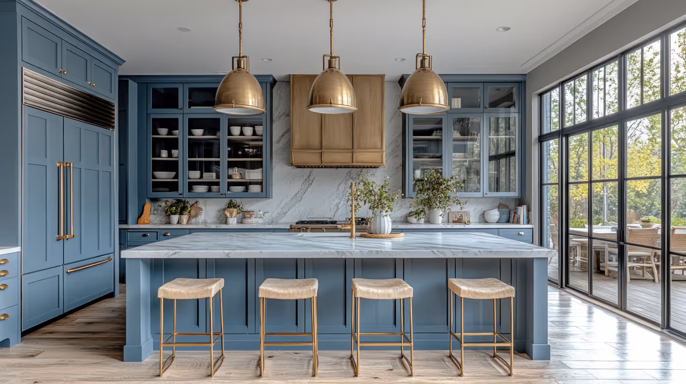 Modern kitchen with blue cabinetry, marble island, gold pendant lights, and large floor-to-ceiling windows.