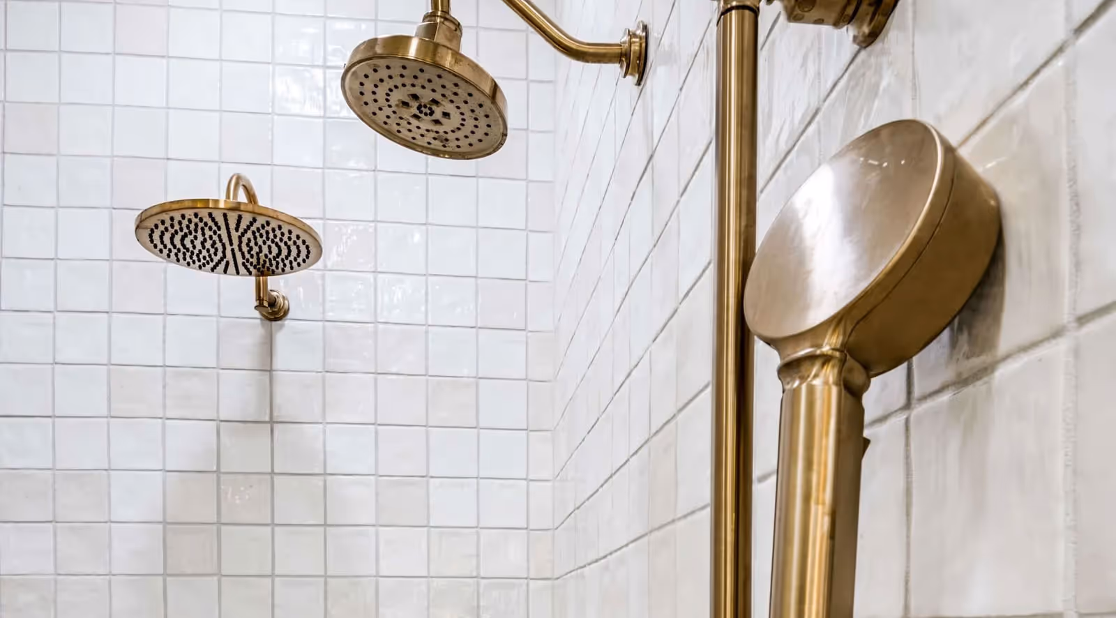 Close-up of two gold-colored rain shower heads mounted on white tiled bathroom walls.