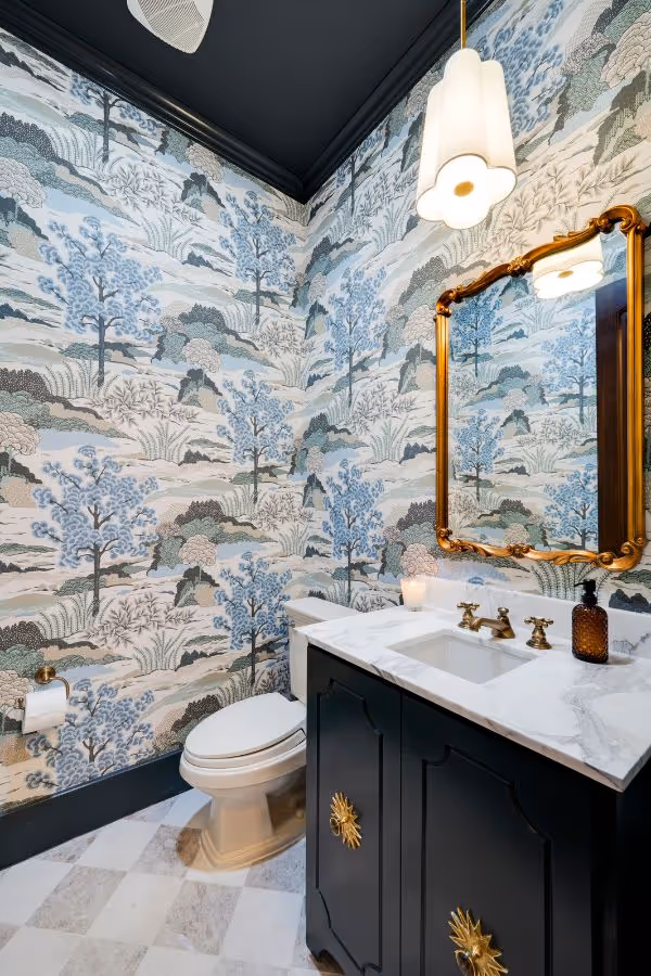 Powder room with wallpaper