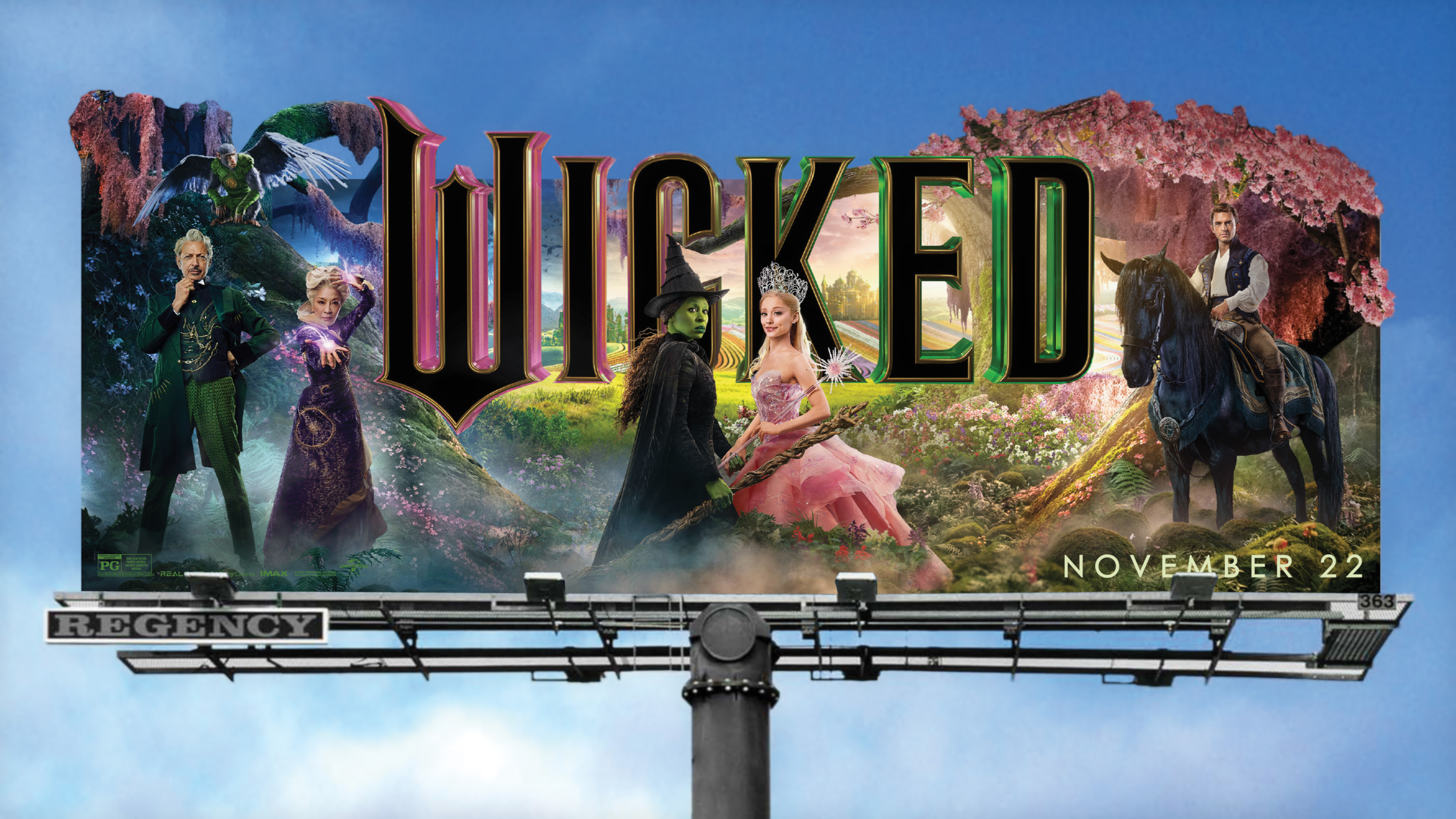 Billboard for the movie Wicked featuring main characters in fantasy costumes and large title text with a scenic background.