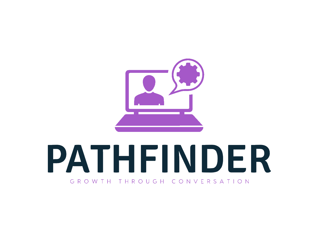 A computer with a speech bubble, sitting on top of the words Pathfinder, Growth Through Conversation
