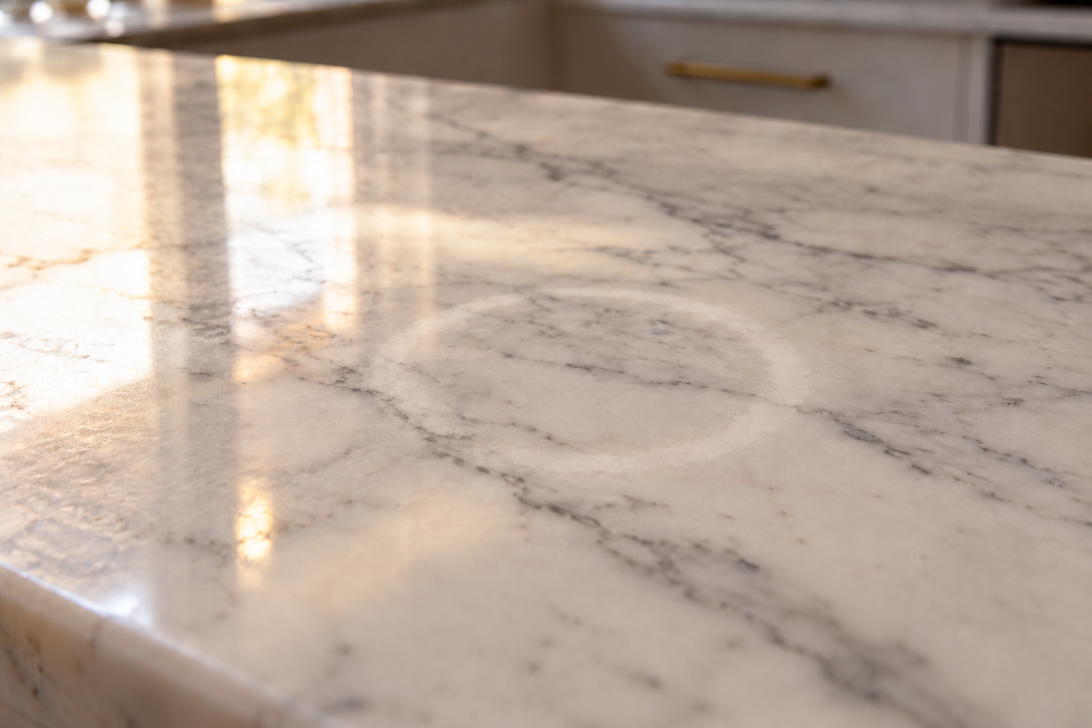 Illustration of a dull ring on polished white marble, visible in warm window light.