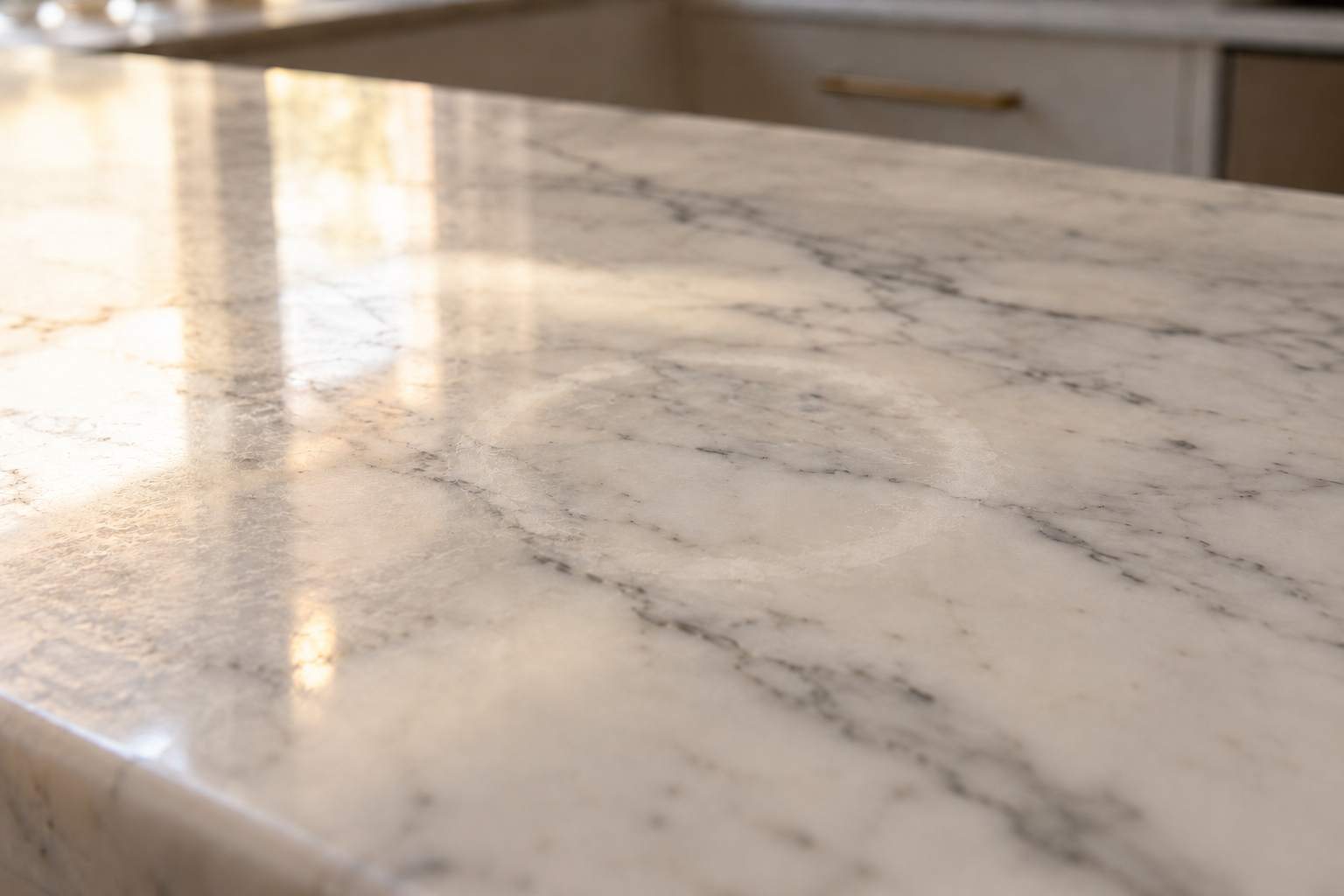Illustration of a dull ring on polished white marble, visible in warm window light.