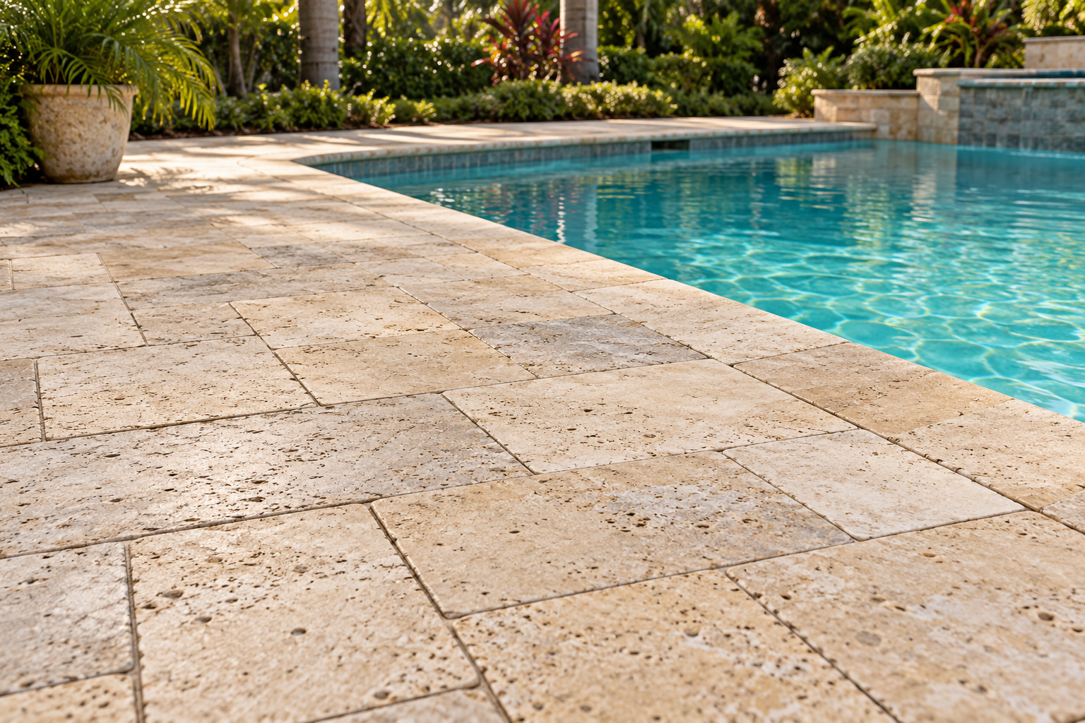 Beige travertine pool-deck pavers with natural pores and matte texture beside turquoise swimming-pool water.