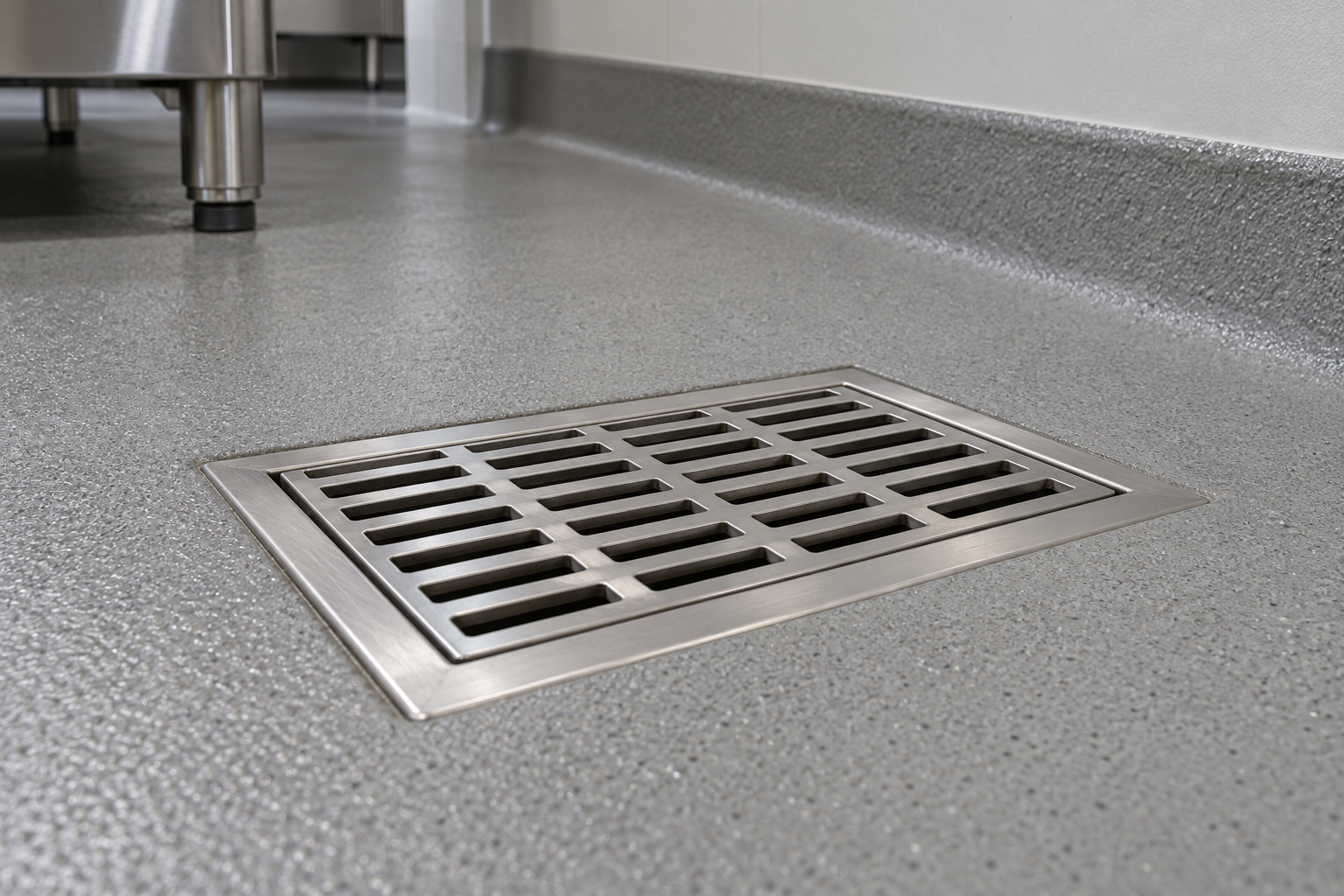 AI-generated illustration of a flush stainless steel kitchen floor drain, gray textured flooring and a coved wall base.