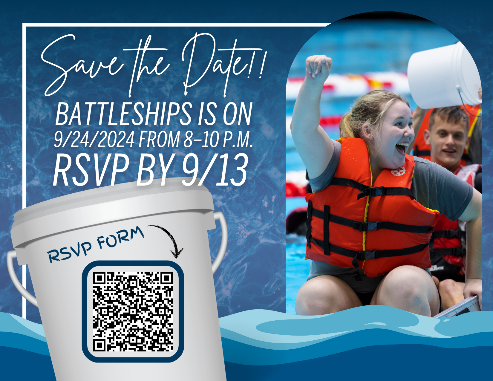 An ad designed for print and meant to resemble a "Save the Date" card traditionally used for future weddings with a QR code and text featuring event details.