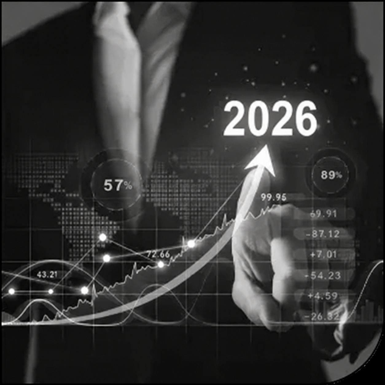 Illustration of business growth with an upward arrow and the year 2026
