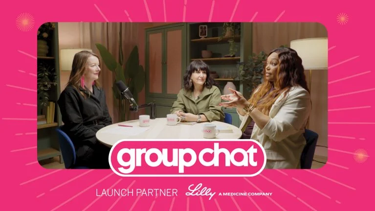 Maureen Halushak, Dr. Yoni Freedhoff and Tracy Moore seated at a table during a Group Chat podcast recording