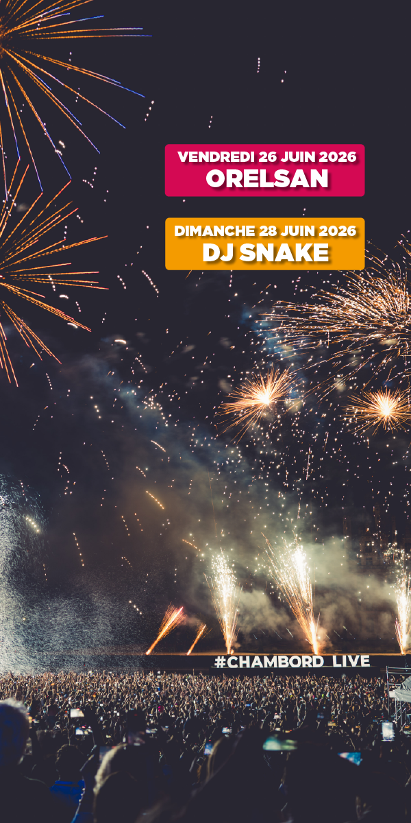 Crowd at a nighttime outdoor concert with fireworks and announcements for Orelsan on June 26, 2026, and DJ Snake on June 28, 2026, with hashtag #Chambord Live.