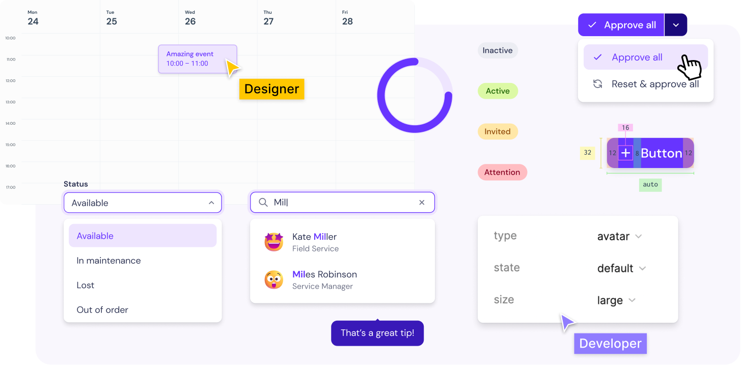 Cover image displaying illustrative elements of the Design System, including a calendar shot, a button anatomy example, a screenshot of component options on Figma, a search input field, an active split button, a select component, and examples of the chip component.