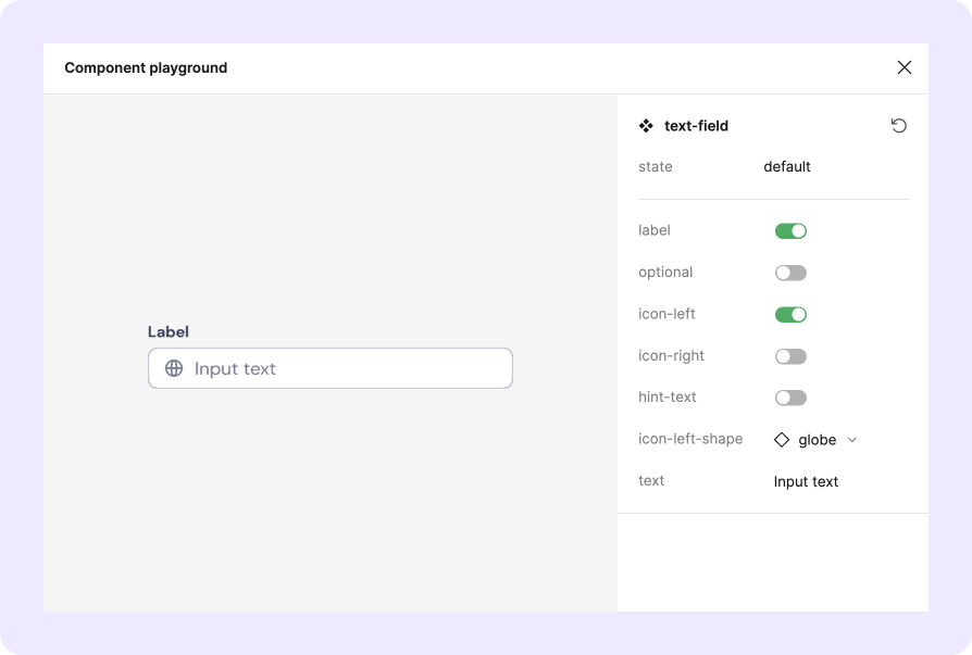 Screenshot of Figma displaying the Text Field component options, showcasing state variations, label visibility, optional indicator, icon preferences, hint text visibility, and text customisation.