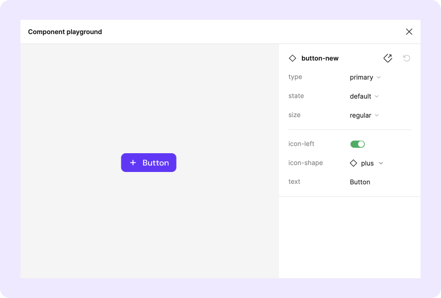 Screenshot of Figma displaying the Button component options, including type, state, size, icon preferences, and text customisation.