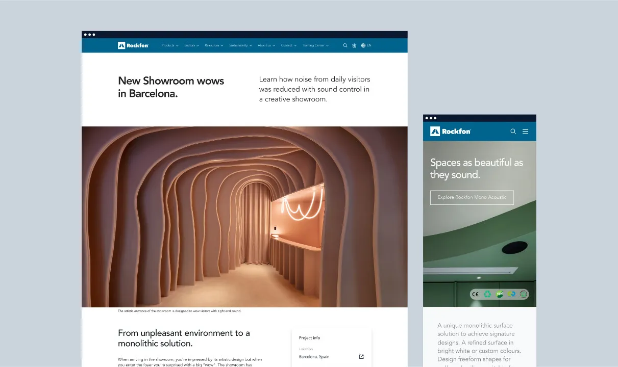 Mockup of the new Rockfon case study page on desktop, and the new Product highlight page on mobile.