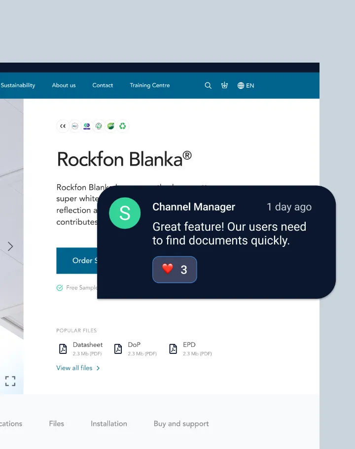 Close up of a prototype of the new Rockfon product page, showing a comment from a feedback session.