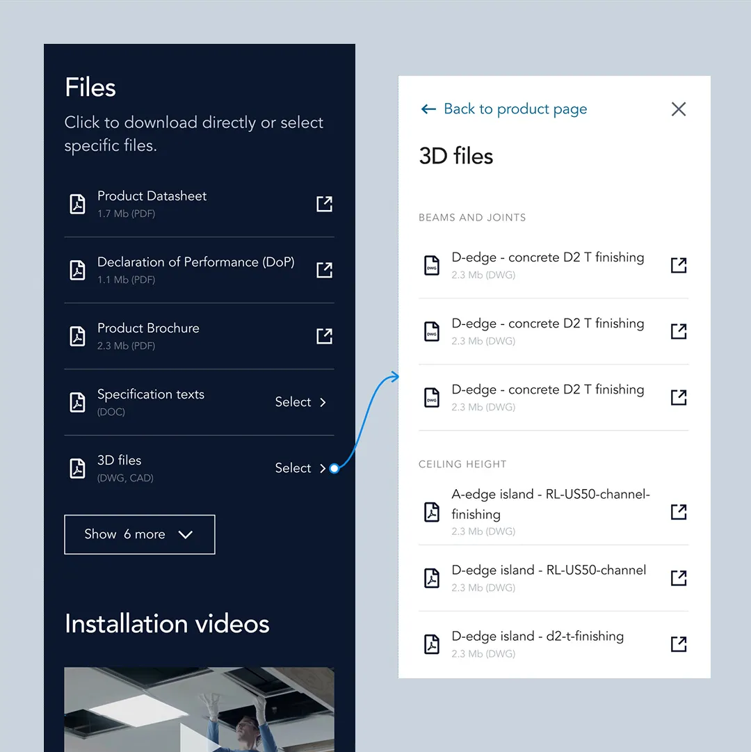 Prototype of the file section of the new Rockfon product page.