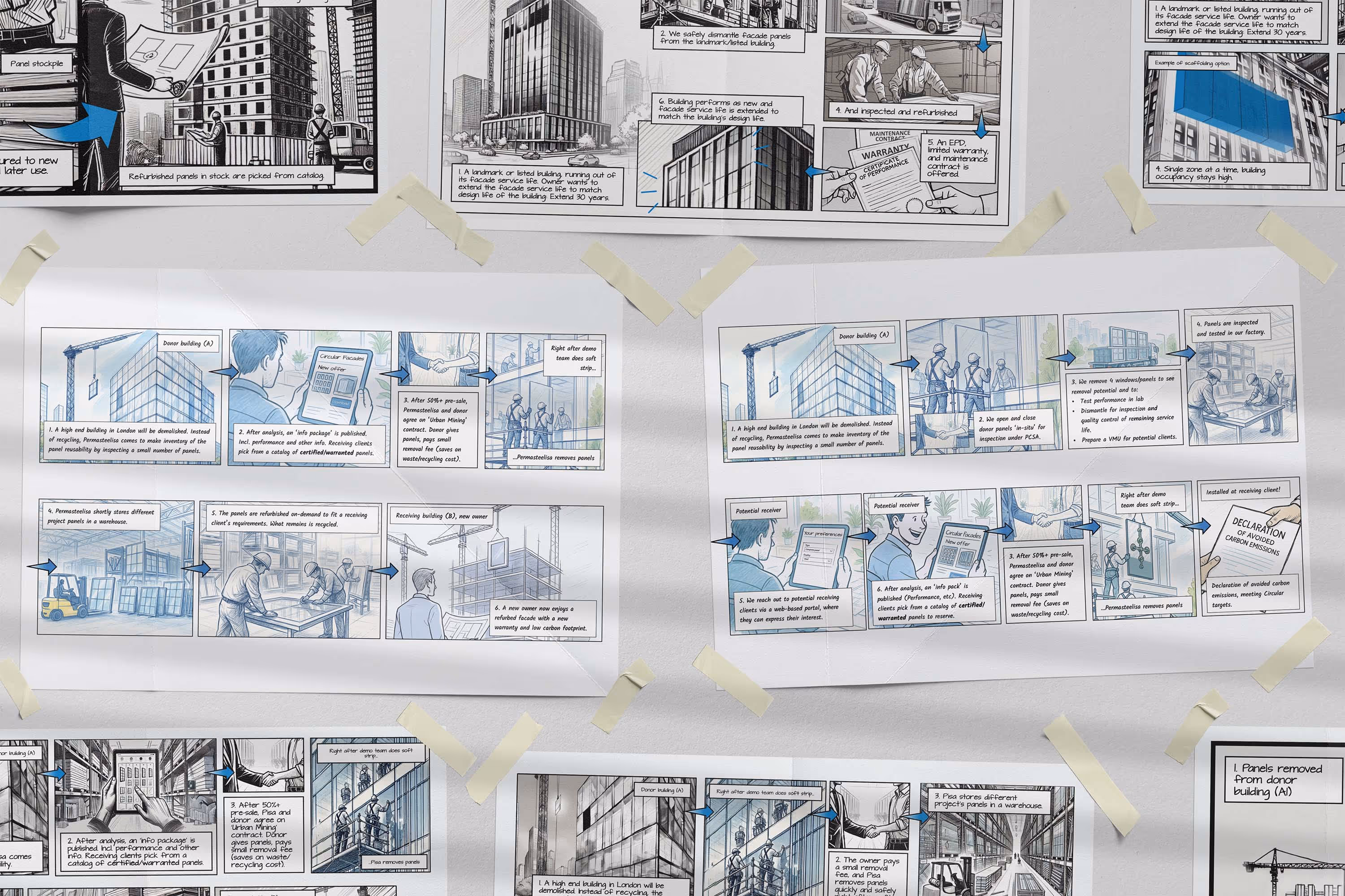 Wall display of comic-style infographic panels illustrating the process of refurbishing and recycling building facade panels.
