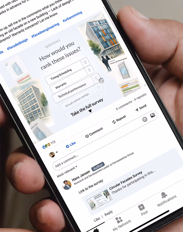 Hand holding a smartphone displaying a LinkedIn post with a survey asking to rank issues like Timing/Scheduling, Warranty, and Technical performance related to facade design.