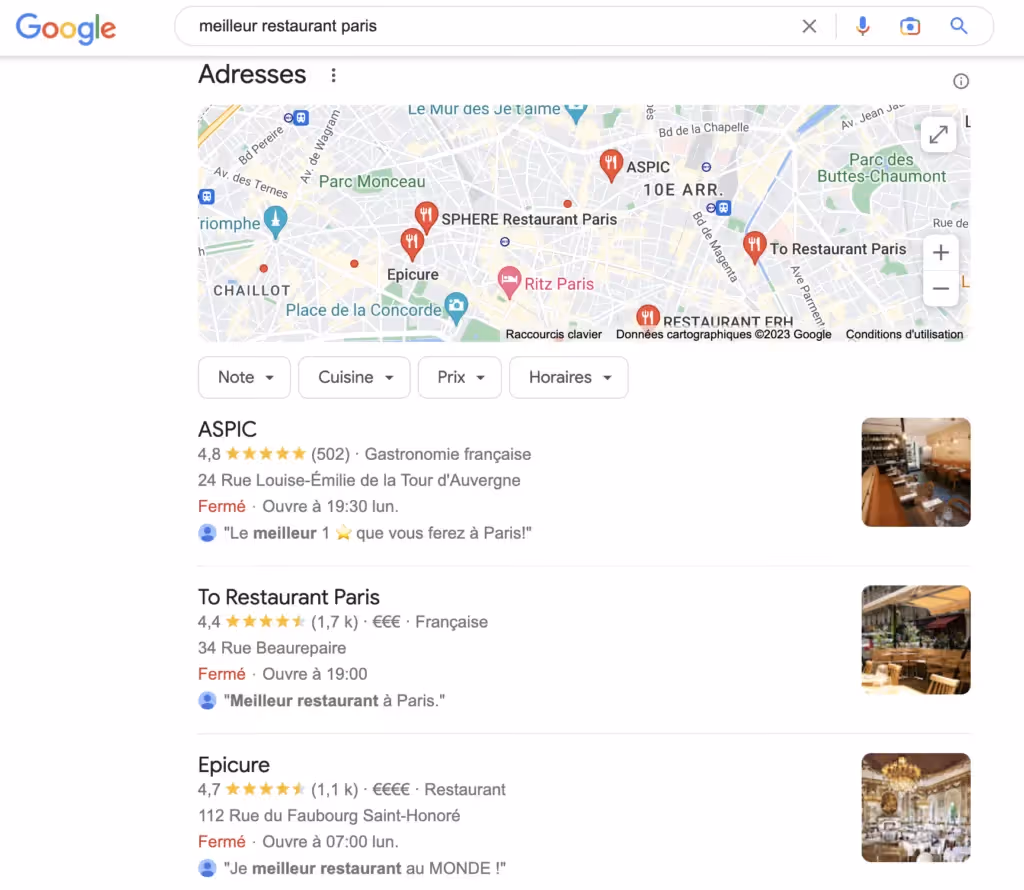recherche Google meilleur restaurant Paris