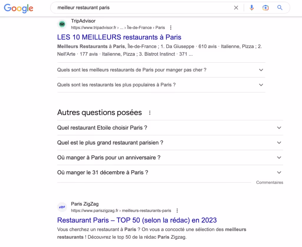 recherche google meilleur restaurant Paris Tripadvisor