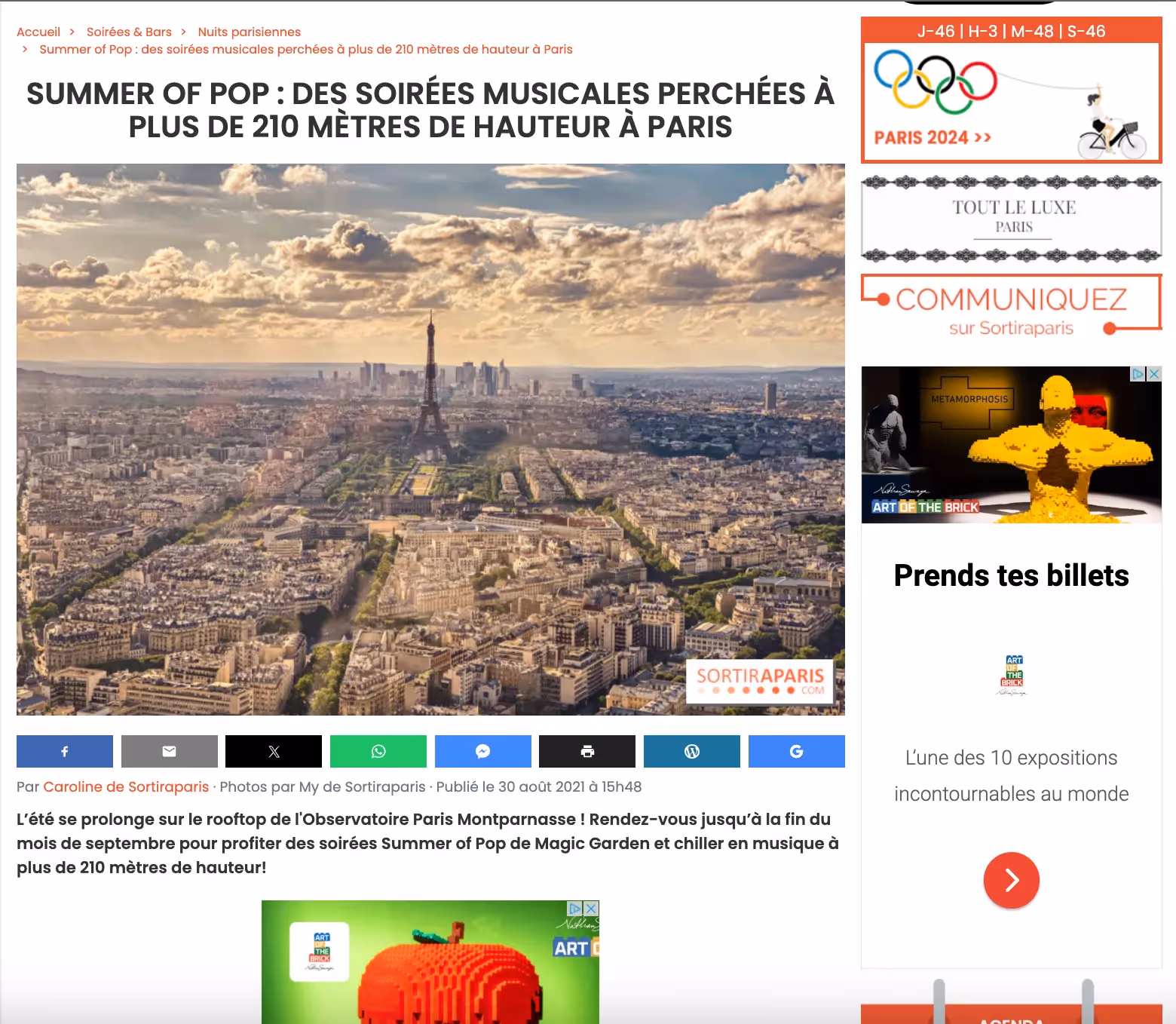 Partenariat média pour Observatoire de la Tour Montparnasse avec Sortir à Paris