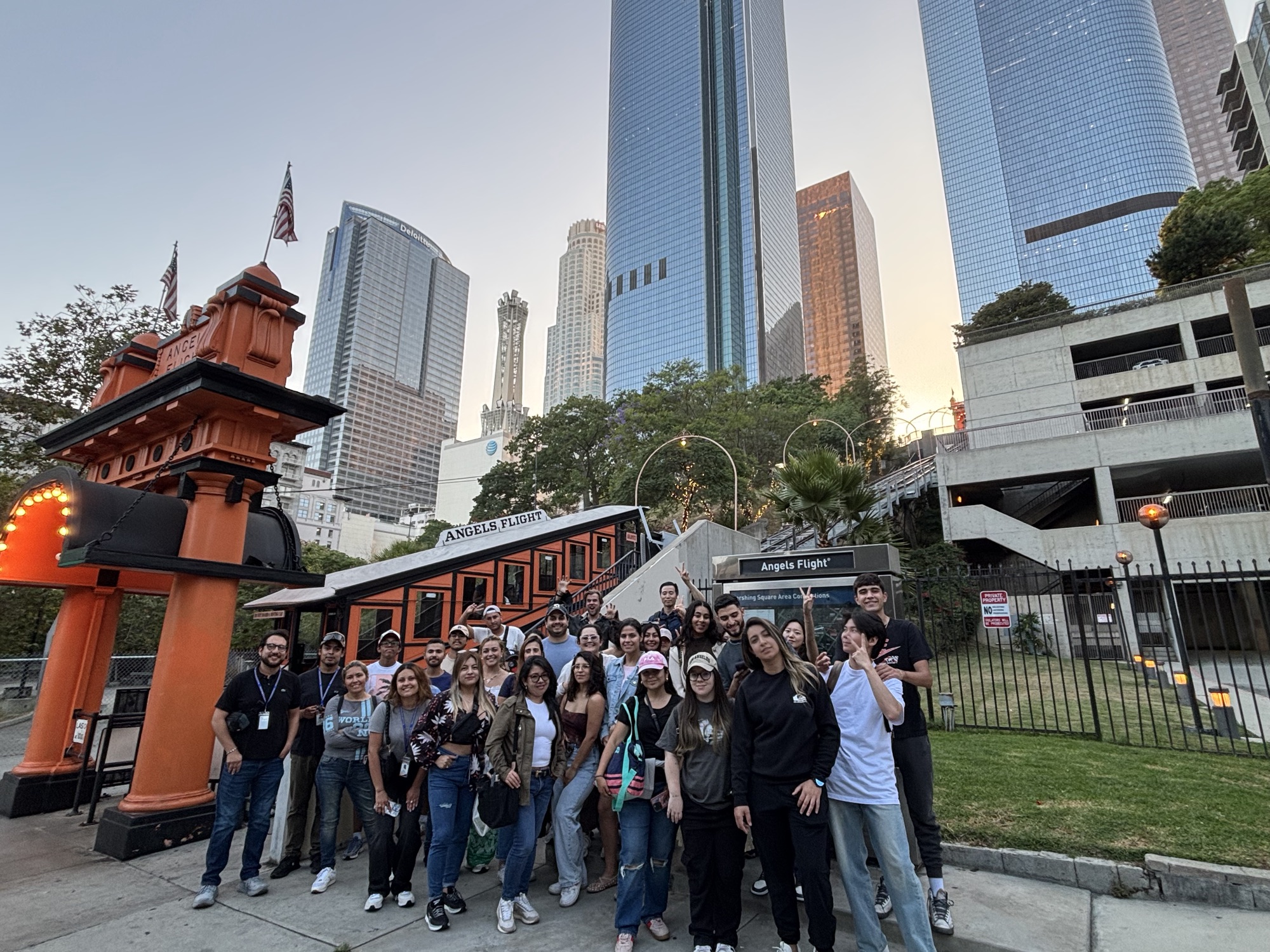 Downtown LA skyline at sunset from Angels Flight