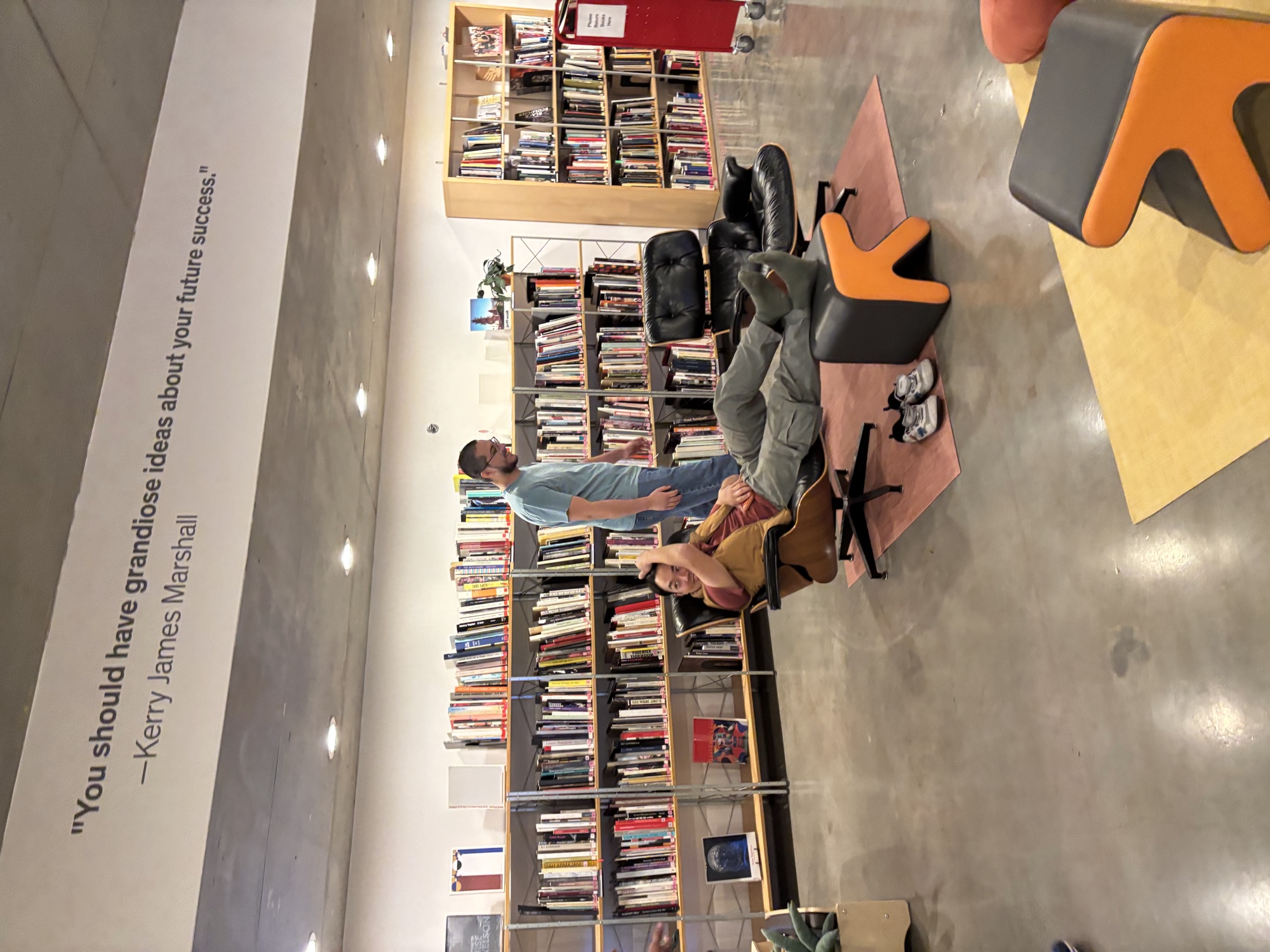 Library wall featuring a literary quote at MOCA Geffen, reflecting the deep historical roots of old English phrases still echoed in modern writing