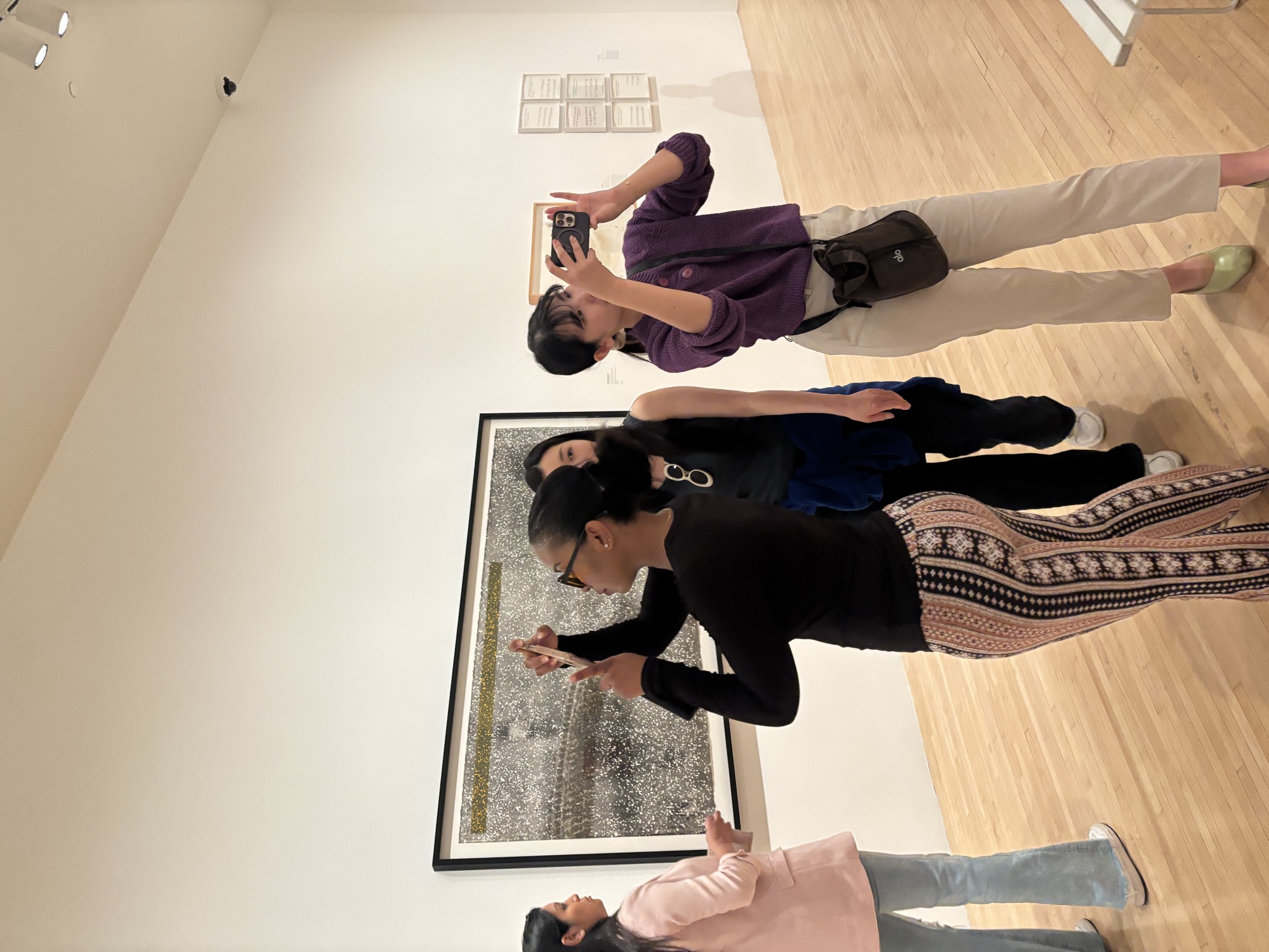 Columbia West College students photographing an artwork at MOCA during a CWC cultural field trip, practicing descriptive language in context