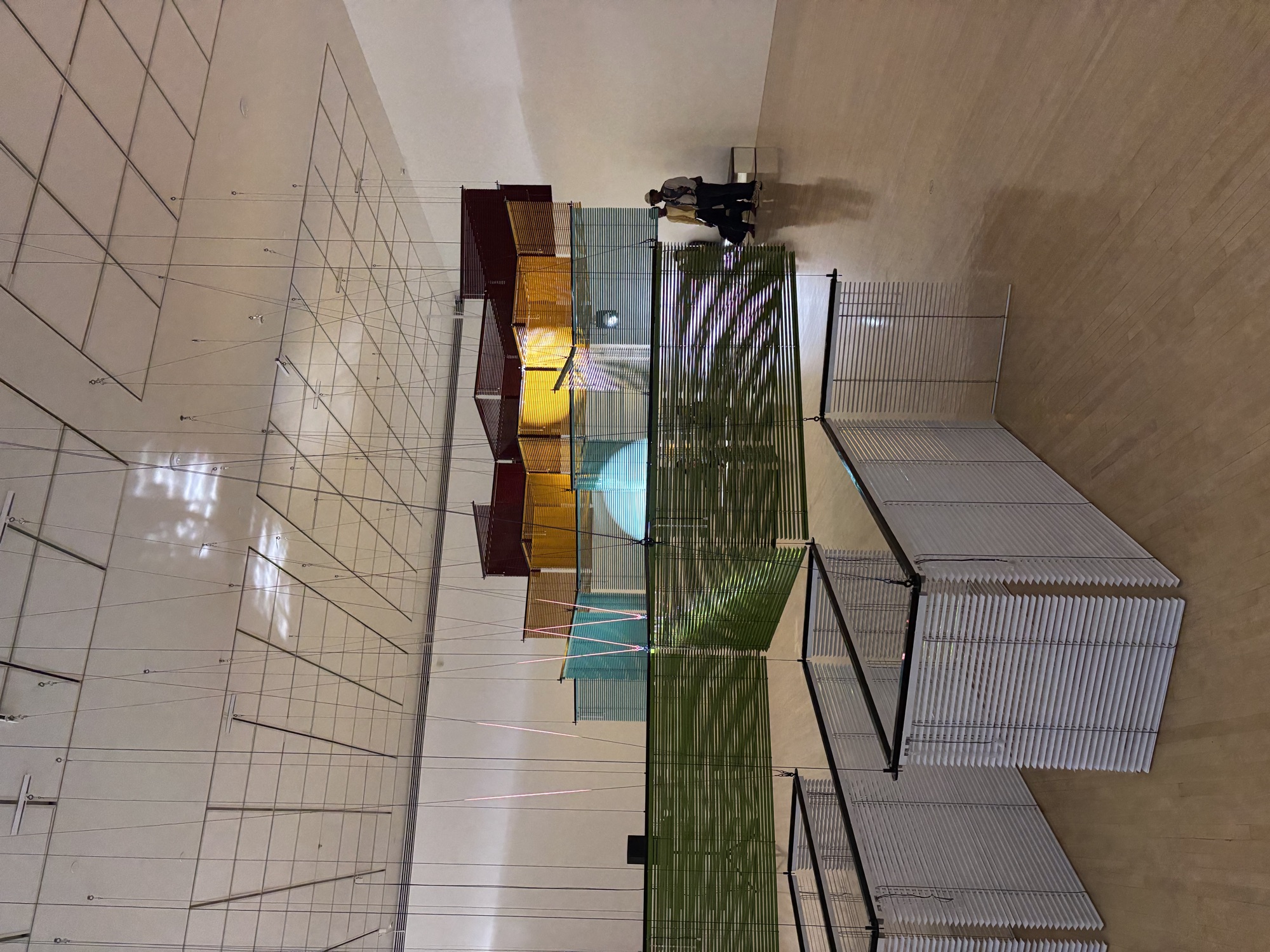 Wide view of the colorful grid installation at MOCA visited by Columbia West College students on a writing-themed field trip
