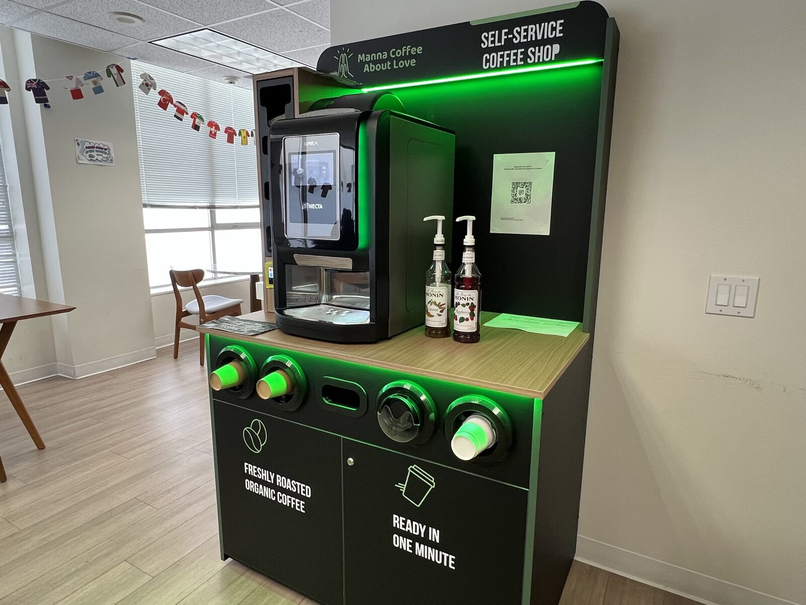 The student coffee station at CWCs new Los Angeles campus between modal verb practice sessions