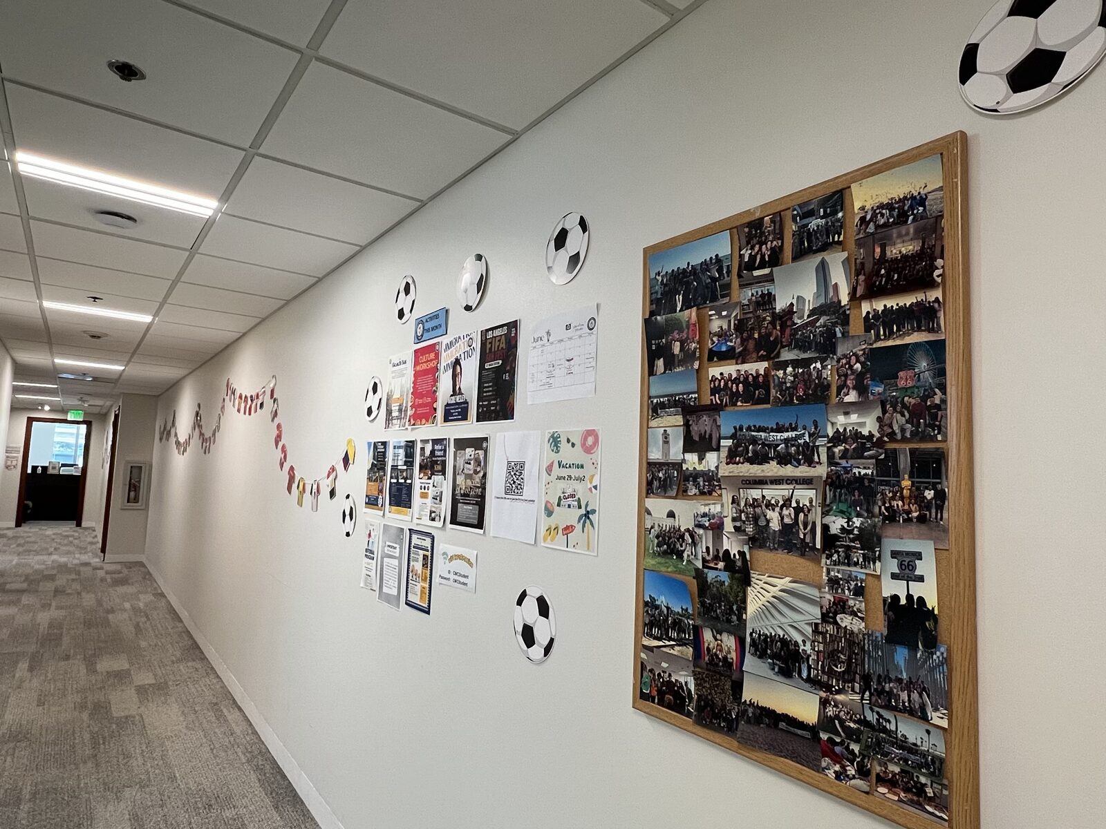 The decorated hallway at CWCs new campus where students can discuss and report on school activities