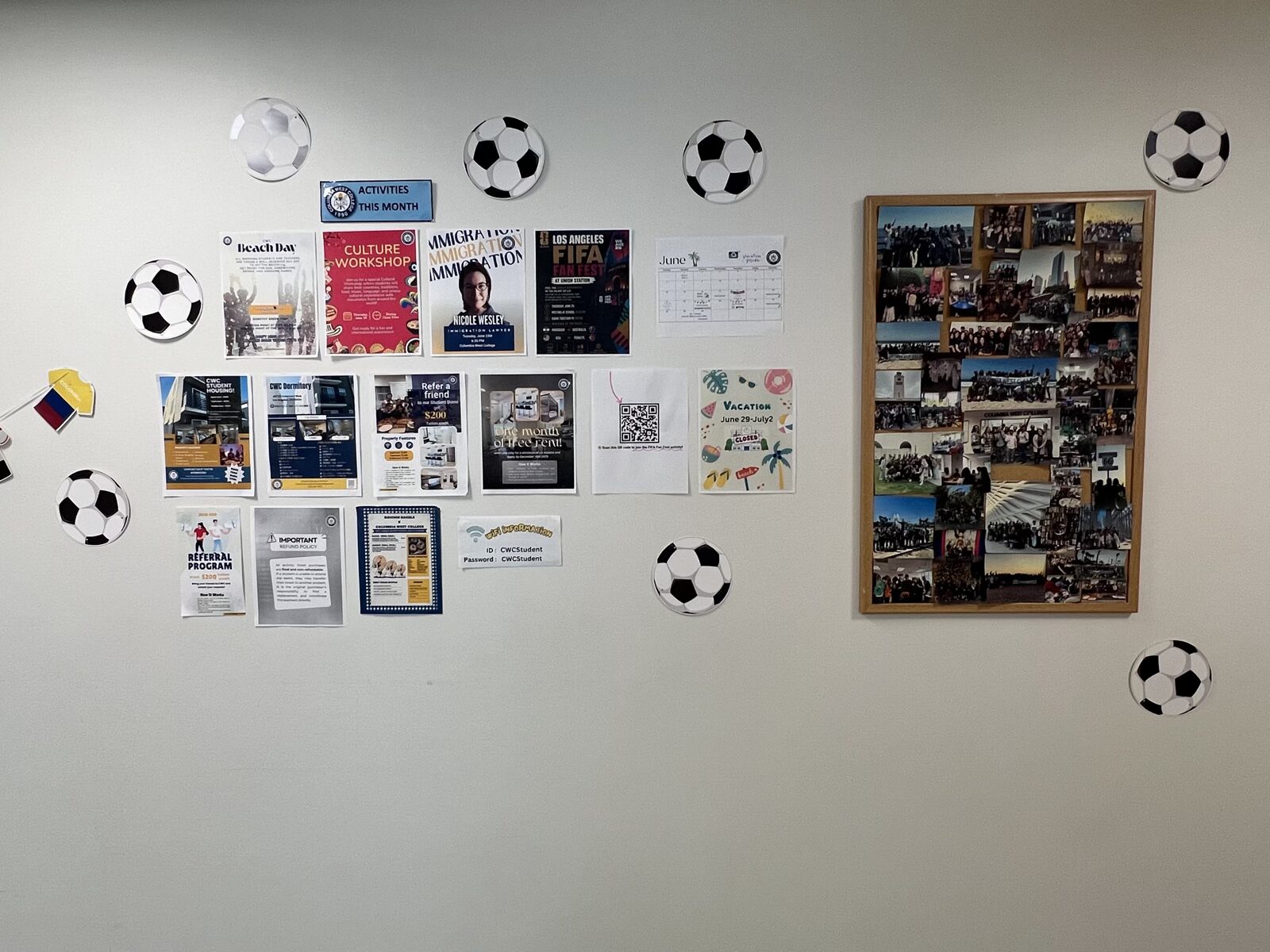 A CWC soccer event wall display with separate sections organized into one connected presentation