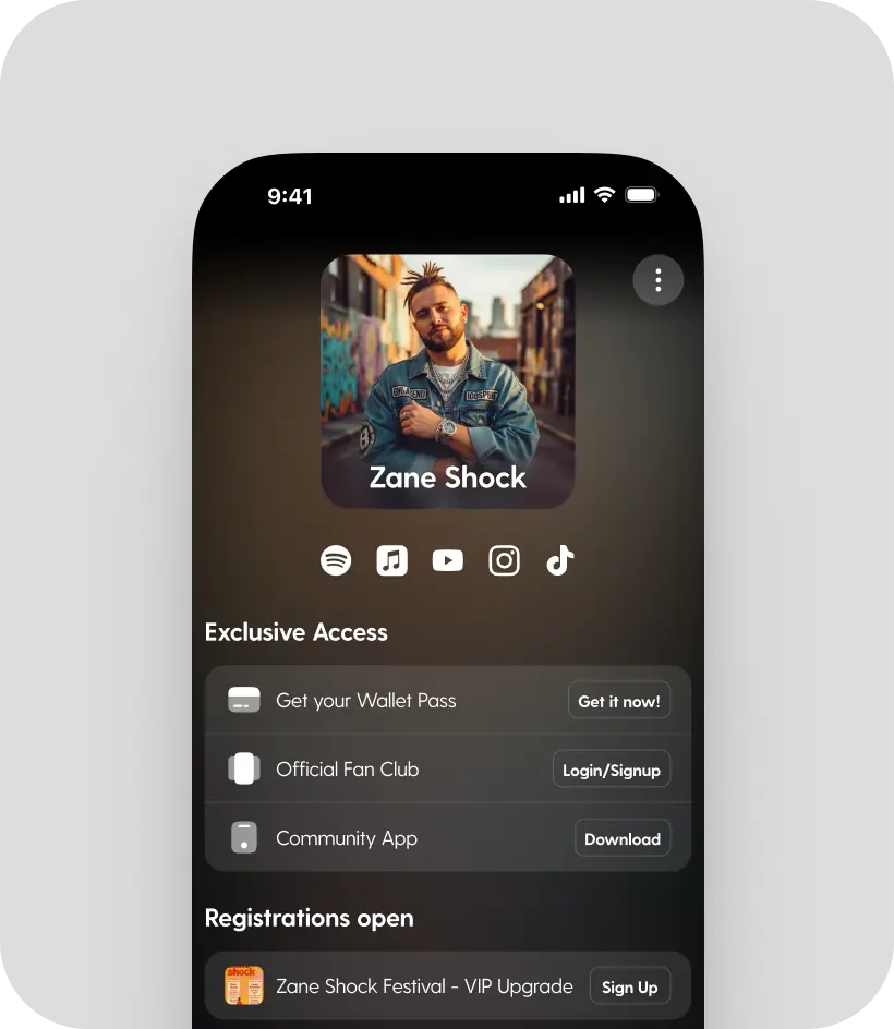 One branded link for everything — music, merch, tickets, and more. Capture first-party data while giving fans a clean, on-brand home.