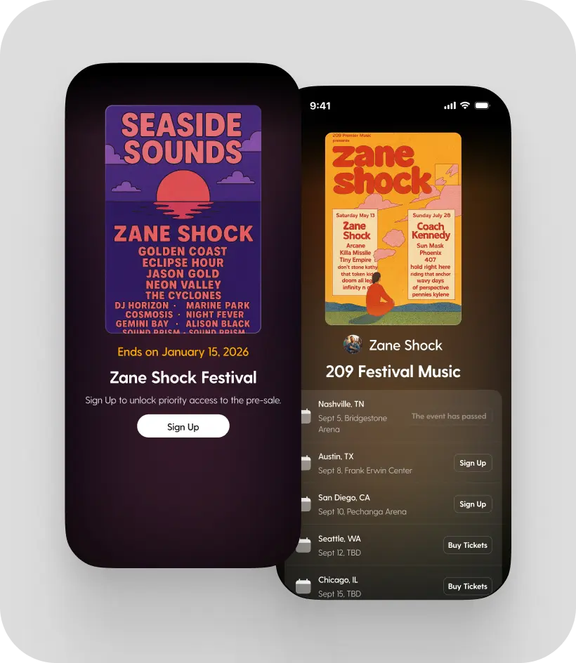 Mobile-first landing pages for pre-saves, drops, and tour announcements. Add countdowns and waitlists so every signup turns a follower into an owned fan.
