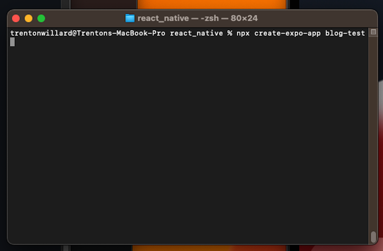 screenshot of command terminal running expo app 