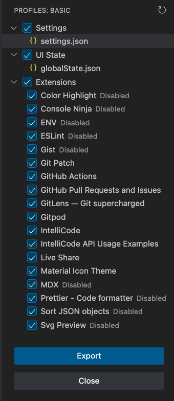 screenshot of vscode profile content settings