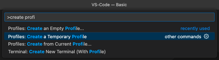 screenshot of how to create a temporary profile in vscode