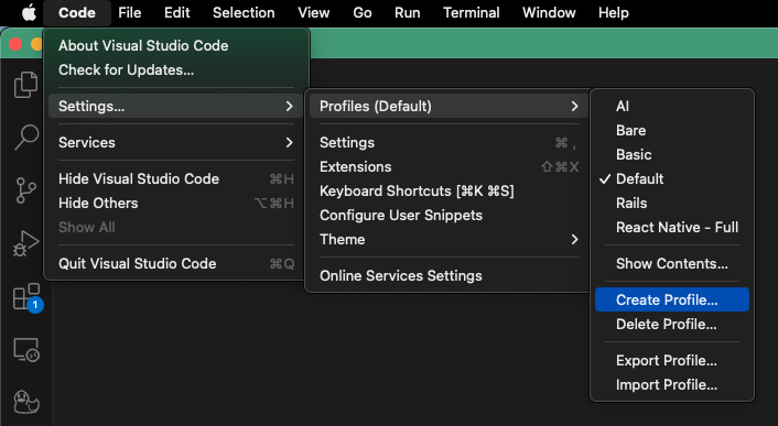 screenshot of how to create a vscode profile using application menu