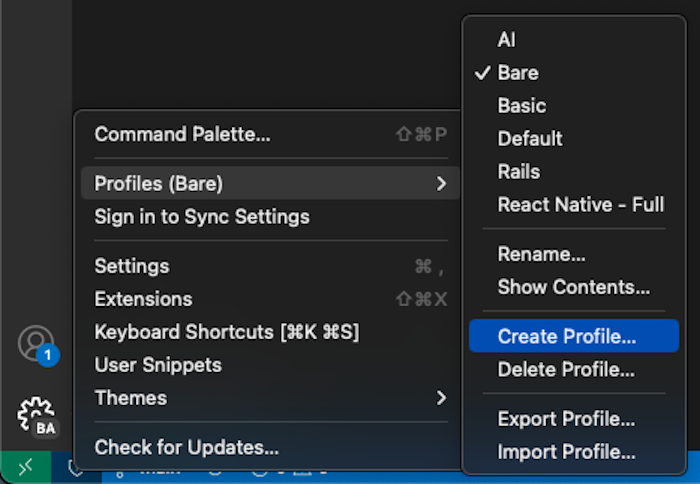screenshot of how to create vscode profile using the manage gear button