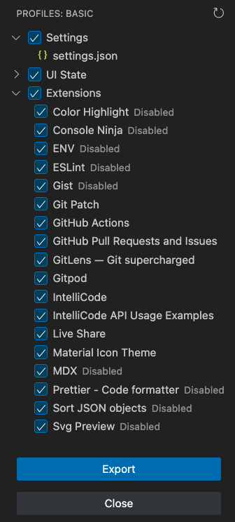 screenshot of how to export vscode profile