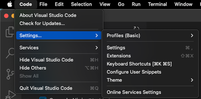 screenshot of how to find vscode profile settings