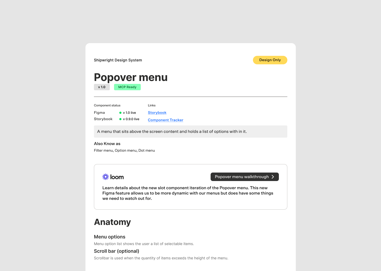 screenshot of a design system documentation page for a component