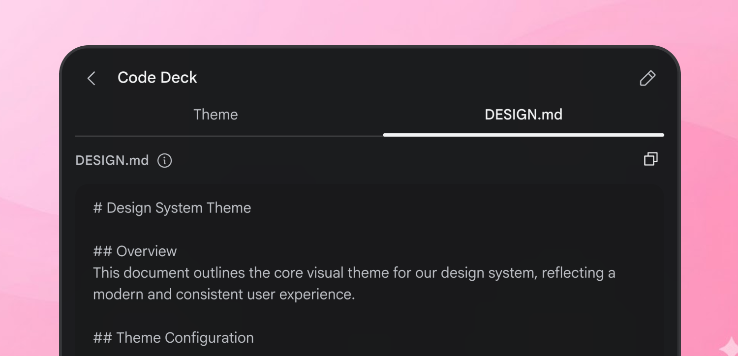 DESIGN.md tab in a design tool showing a design system theme written in Markdown