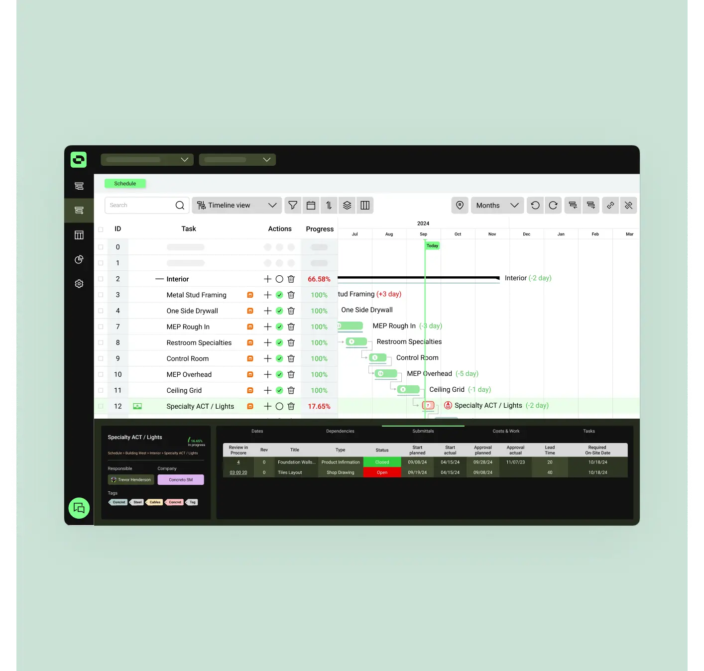 a design of Outbuild's Submittal feature at Scheduling Module
